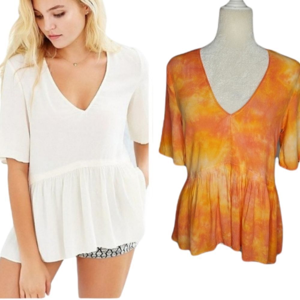 UO KIMCHI BLUE shirt Mia tie dyed babydoll oversized peplum S‎